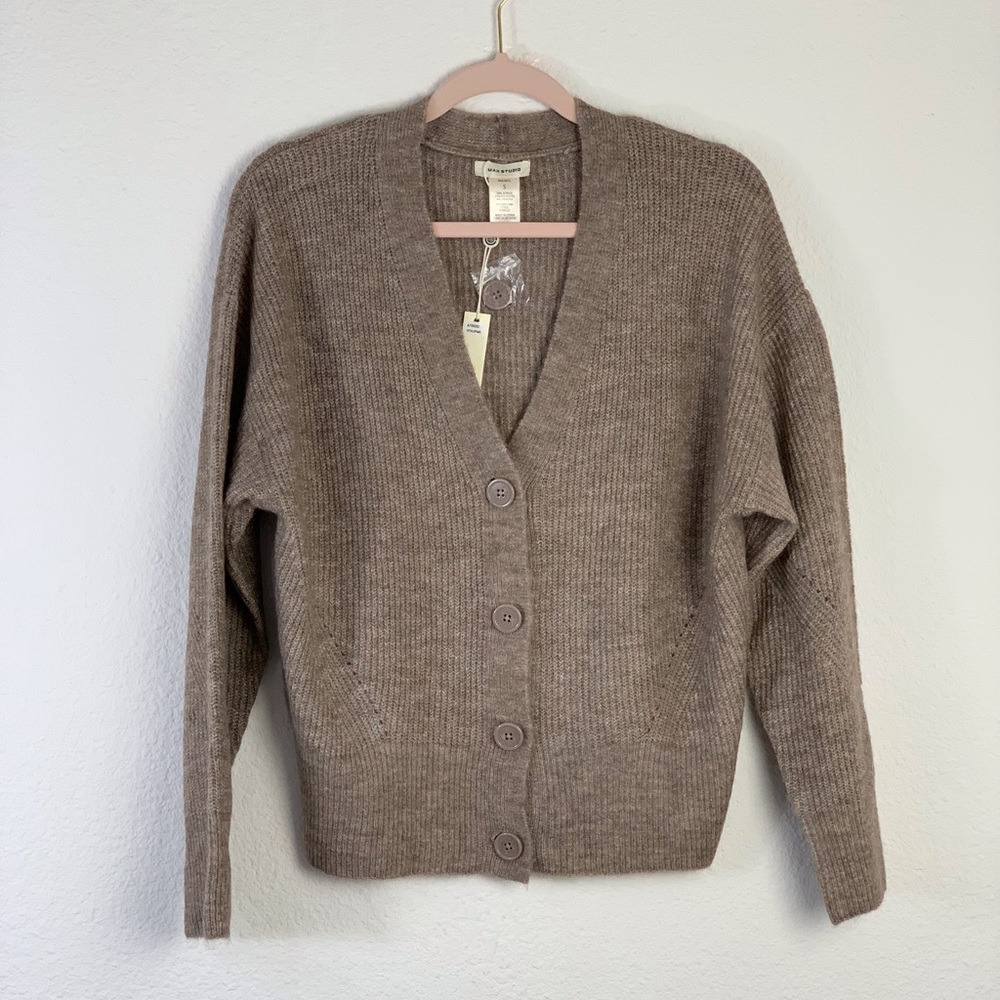 Max Studio Tan Long Sleeve Front Button Cardigan Sweater Sz S